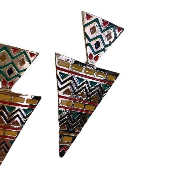 Colorful Gold Triangle Earrings Statement Tribal African Aztec Red Yellow Green - Picture 2 of 6